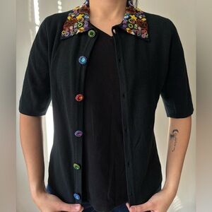 Vintage Retro Beaded Black Fairycore Button Up Boho Festival Cardigan Small